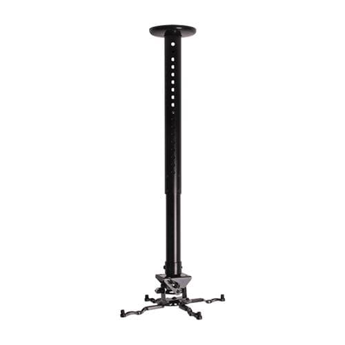 Black universal projector ceiling mount with a long adjustable pole, featuring multiple mounting holes and a sturdy base for secure installation.