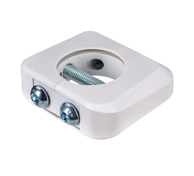 White accessory collar designed for Ø38mm poles, featuring a square shape, two silver screws, and a central threaded hole for secure attachment.