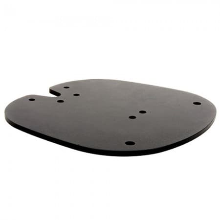 Black bolt-down floor base with a curved edge and multiple mounting holes, designed for secure installation of the B-Tech BT8380 system.