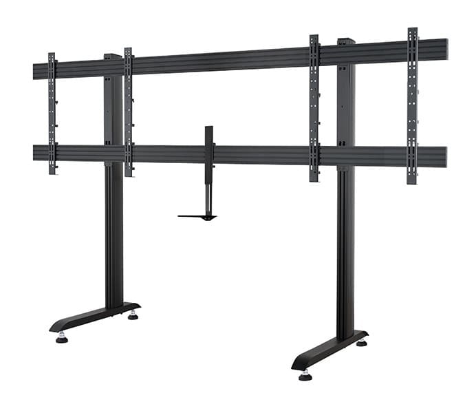 Black metal twin screen stand with adjustable VESA mounts, designed for large displays, featuring a sturdy base and cable management system.