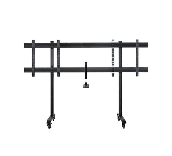Black metal twin screen trolley with VESA 1000 x 800 compatibility, featuring adjustable brackets and sturdy wheels for mobility.