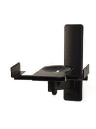 Black metal side clamping wall mount speaker brackets with a sturdy platform, designed to hold up to 25kg, featuring adjustable clamps for secure speaker placement.