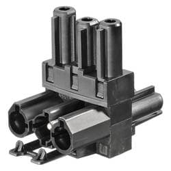 Black plastic cable accessory with three cylindrical connectors and two larger openings, designed for electrical connections, featuring a compact and durable design.