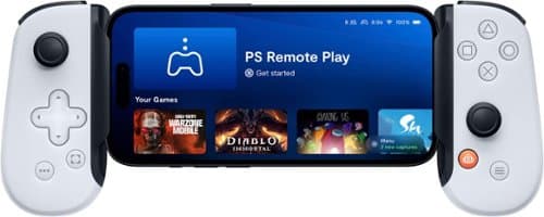 White mobile gaming controller with black accents, designed for iPhone 15 and Android, featuring ergonomic grips, buttons, and a screen displaying PS Remote Play interface.