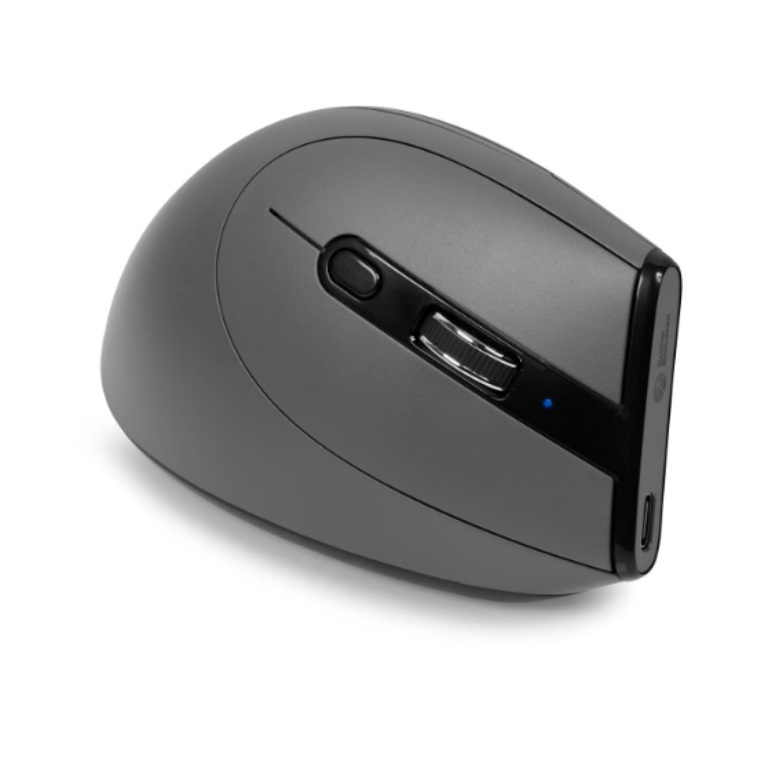 Right-hand ergonomic wireless optical mouse in dark gray with a smooth finish, featuring a scroll wheel, side buttons, and a USB charging port.