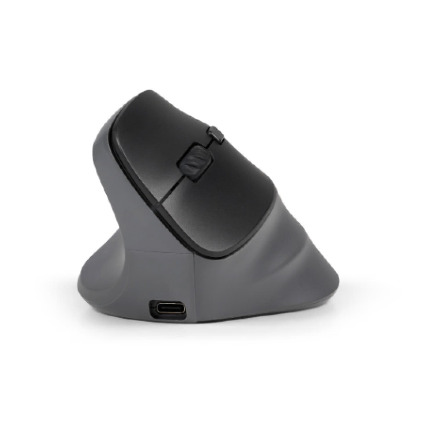 Left-handed ergonomic wireless mouse in dark gray with a vertical design, featuring two buttons and a USB-C port for charging.