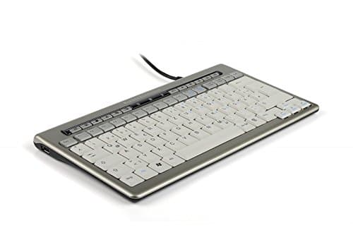 Sleek silver and white USB mini keyboard with low-profile keys, compact design, and multimedia function keys, ideal for space-saving setups.