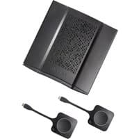 Black Barco CX‑50 G2 wireless presentation system with HDMI port, sleek design, and two matching USB-C buttons.
