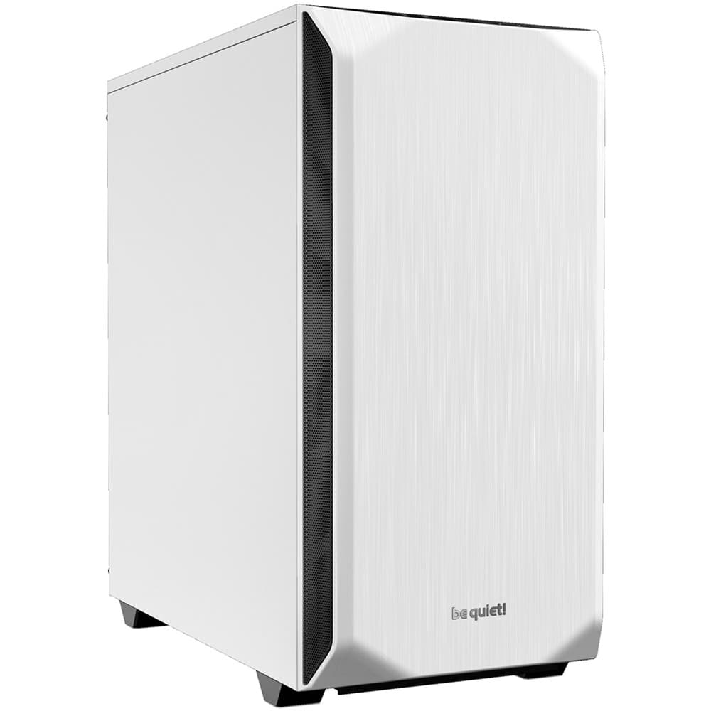Sleek white computer case with a brushed metal front panel, featuring a minimalist design and ventilation grilles on the sides for airflow.