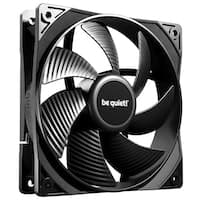 Black 120mm PC fan with a sleek design, featuring a central logo, four curved blades, and a sturdy frame, designed for efficient airflow and quiet operation.