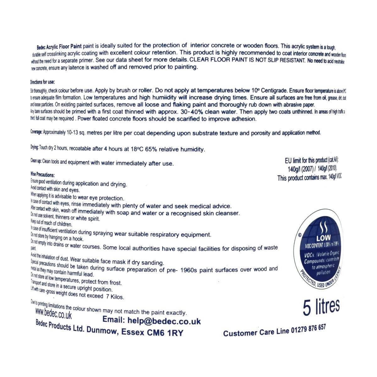 Bedec Acrylic Floor Paint in white, 5L container, features non-slip formula suitable for wooden and concrete floors, ideal for garages, with application instructions on the label.