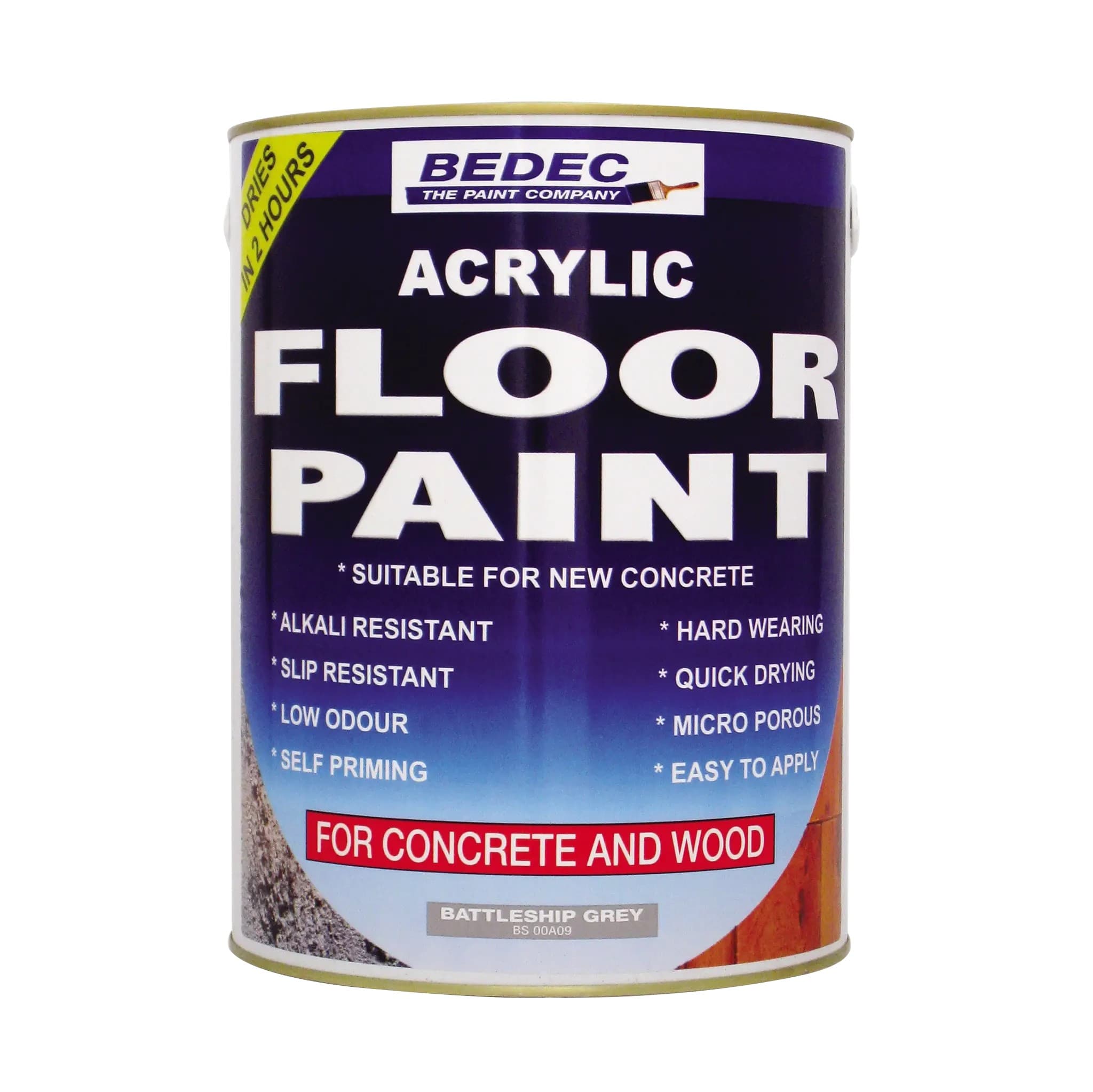 Yellow 1L can of Bedec Acrylic Floor Paint, featuring non-slip properties, suitable for wooden and concrete floors, with a label highlighting key features and usage instructions.