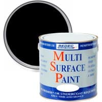 Bedec Black Satin Multi Surface Paint 2.5L can with blue and red text, black paint swatch on lid.