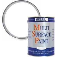 White Bedec satin multi-surface paint 5L can with blue and orange text, silver lid, and BEDEC logo.