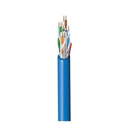 Blue Ethernet cable featuring multiple twisted pairs of wires in various colors, designed for high-speed data transmission.