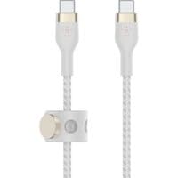 White Belkin USB-C cable 1m with braided design, gold accents, and magnetic cable management clip.
