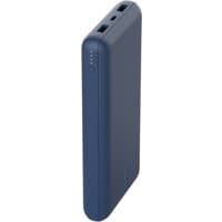 Blue Belkin power bank, 20000 mAh, slim design with two USB ports and LED charge indicators on the side.
