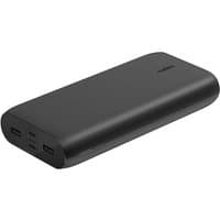 Black Belkin power bank 26000 mAh with rounded edges, dual USB ports, and LED indicator lights.