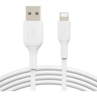 White Belkin lightning cable, 1m, with USB-A and lightning connectors, smooth finish, two-pack.