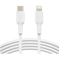 White Belkin 1m lightning cable with USB-C and lightning connectors, sleek design, durable build.