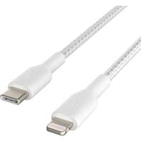 White Belkin 1m lightning cable with braided texture and USB-C to lightning connectors.