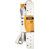 White Belkin E-Series surge protector with 6 sockets, 3-metre cord, and orange packaging label.