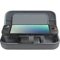 Gray Belkin travel case for Nintendo with mesh pocket, polyester exterior, velvet interior, holding a gaming console.