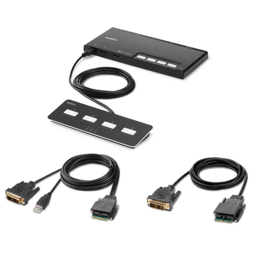 Belkin F1DN104MOD-DD-4 KVM switch in black, featuring a sleek design with four buttons, USB ports, and two sets of cables for connecting devices.