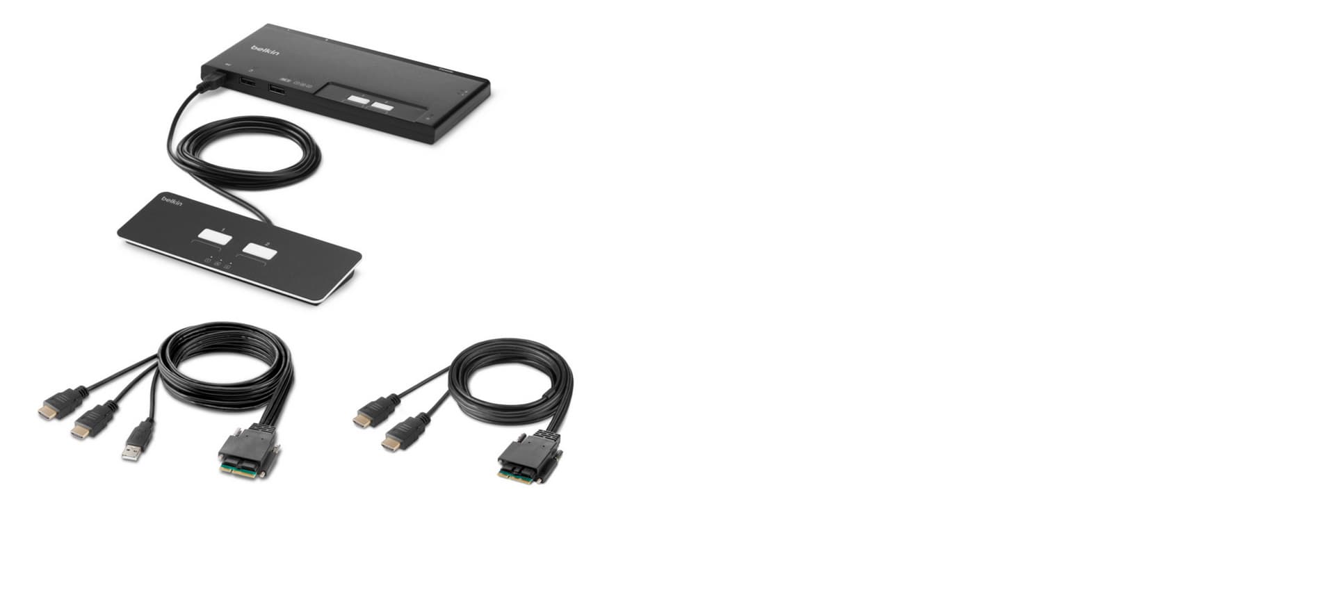 Black Belkin F1DN202MOD-HH-4 KVM switch with two buttons, connected cables, and three pairs of connectors for seamless device switching.