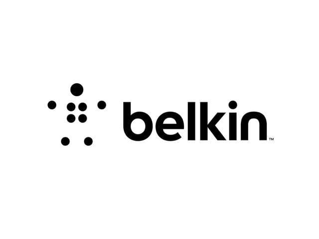 Black Belkin logo featuring a stylized star with dots, accompanied by the brand name "belkin" in lowercase letters, emphasizing a modern and sleek design.