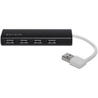 Black Belkin USB hub with four ports and short white USB cable.