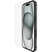 Clear Belkin screen protector for Apple phone, shown partially applied to a smartphone with a sleek, modern design.