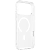 Transparent Belkin SheerForce phone case with MagSafe compatibility, clear edges, and precise cutouts for buttons.