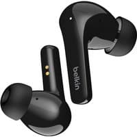 Black Belkin SOUNDFORM Flow wireless earbuds with sleek design, in-ear fit, and USB Type-C charging.