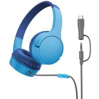 Blue Belkin SoundForm Mini headset with cushioned ear cups, adjustable headband, and USB Type-C wired connection.