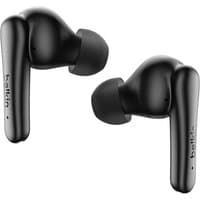 Black Belkin SoundForm Rhythm in-ear headset, sleek design, USB Type-C, Bluetooth, with small ear tips.