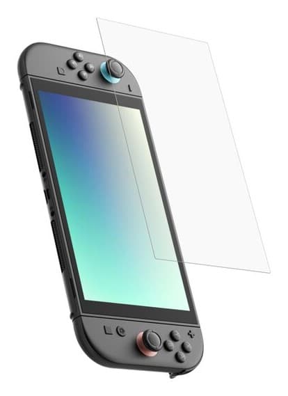 Tempered glass anti-reflective screen protector for Nintendo Switch, featuring a clear design that enhances visibility and reduces glare, positioned above a black console with colorful buttons.