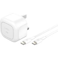 White Belkin mobile device charger with USB-C cable and UK plug, compact design, suitable for phones and tablets.