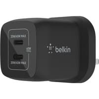 Black Belkin dual USB-C wall charger with two ports, 25W and 20W max outputs, compact design, and Belkin logo.