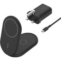 Black Belkin WIZ028MYBK mobile charger with stand, USB-C cable, and UK plug adapter.