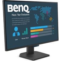 27" BenQ monitor with slim black bezel, displaying colorful graphs and text on a matte screen.