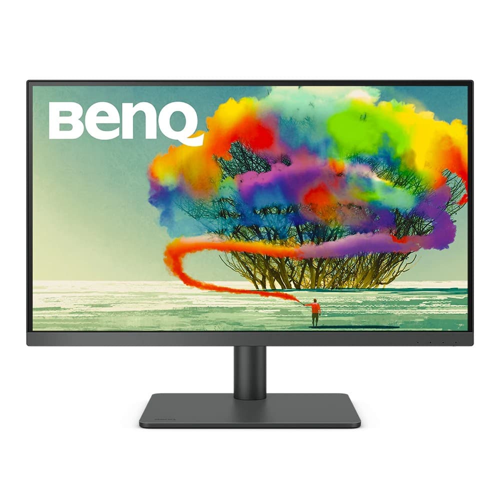 27-inch BenQ PD2705U monitor with 4K Ultra HD resolution, featuring a sleek black frame and a vibrant, colorful display of a tree with swirling clouds.