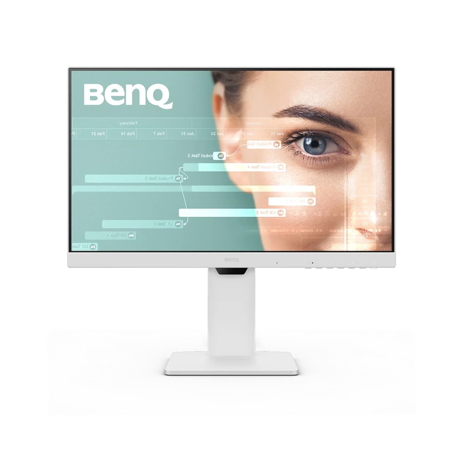 BenQ GW2486TC 23.8" full HD computer monitor in white, featuring a sleek design, slim bezels, and a close-up of a woman's eye on the screen.