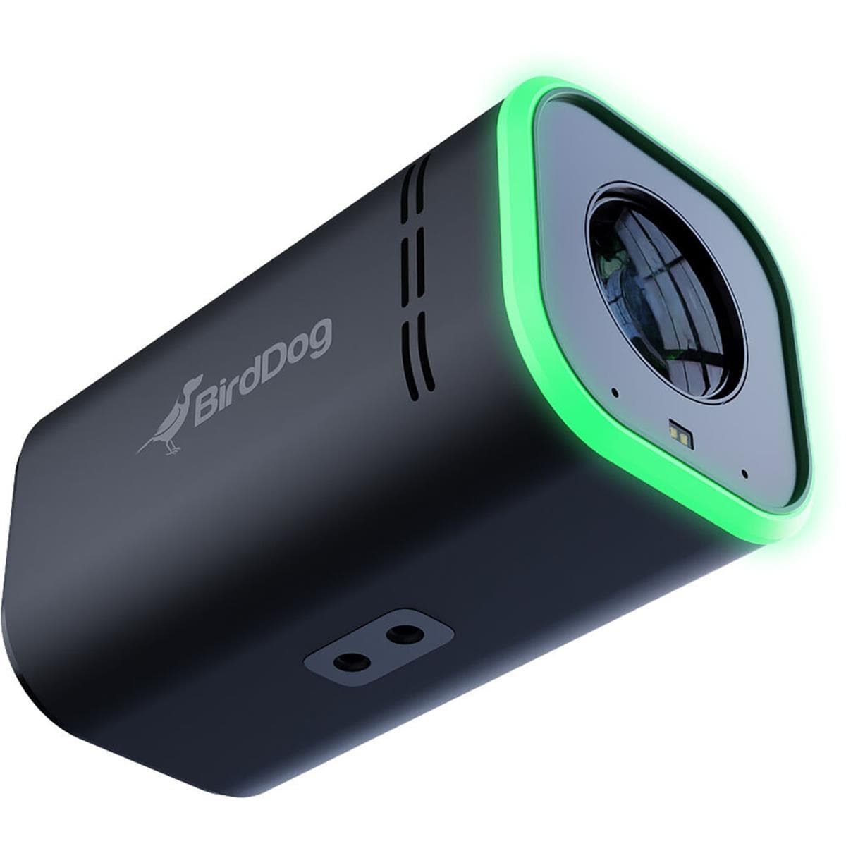 Compact black camera with a green illuminated edge, featuring a prominent lens and BirdDog logo, designed for high-definition video capture with a sleek, modern aesthetic.