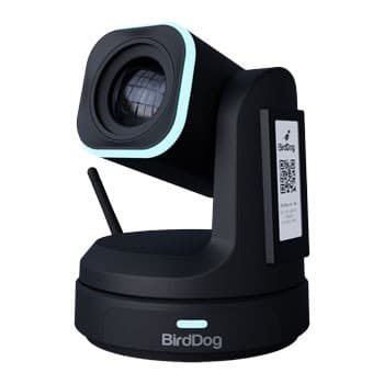 Compact black camera with a sleek design, featuring a prominent lens, blue accent lighting, and a QR code on the side, ideal for high-quality video streaming.