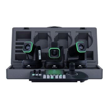 BIRDDOG X1 Bundle includes three black cameras with green accents, a control panel, and a sturdy carrying case with custom compartments.