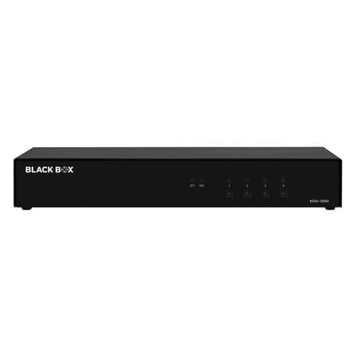 Black Box KVS4-2004V KVM switch in a sleek black metal casing with four input buttons and LED indicators, designed for seamless computer control.