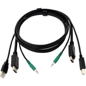 Black Box SKVMCBL-DP-06 KVM cable, 1.8 meters long, featuring black plastic connectors, USB and audio jacks, with green and black color coding for easy identification.