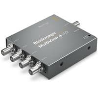 Blackmagic MultiView 4 HD is a compact, silver device with four BNC input connectors, designed for monitoring multiple video sources simultaneously.