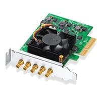 Blackmagic Design DeckLink Duo 2 features a green circuit board with a black cooling fan and five gold BNC connectors for video input/output, designed for internal installation.